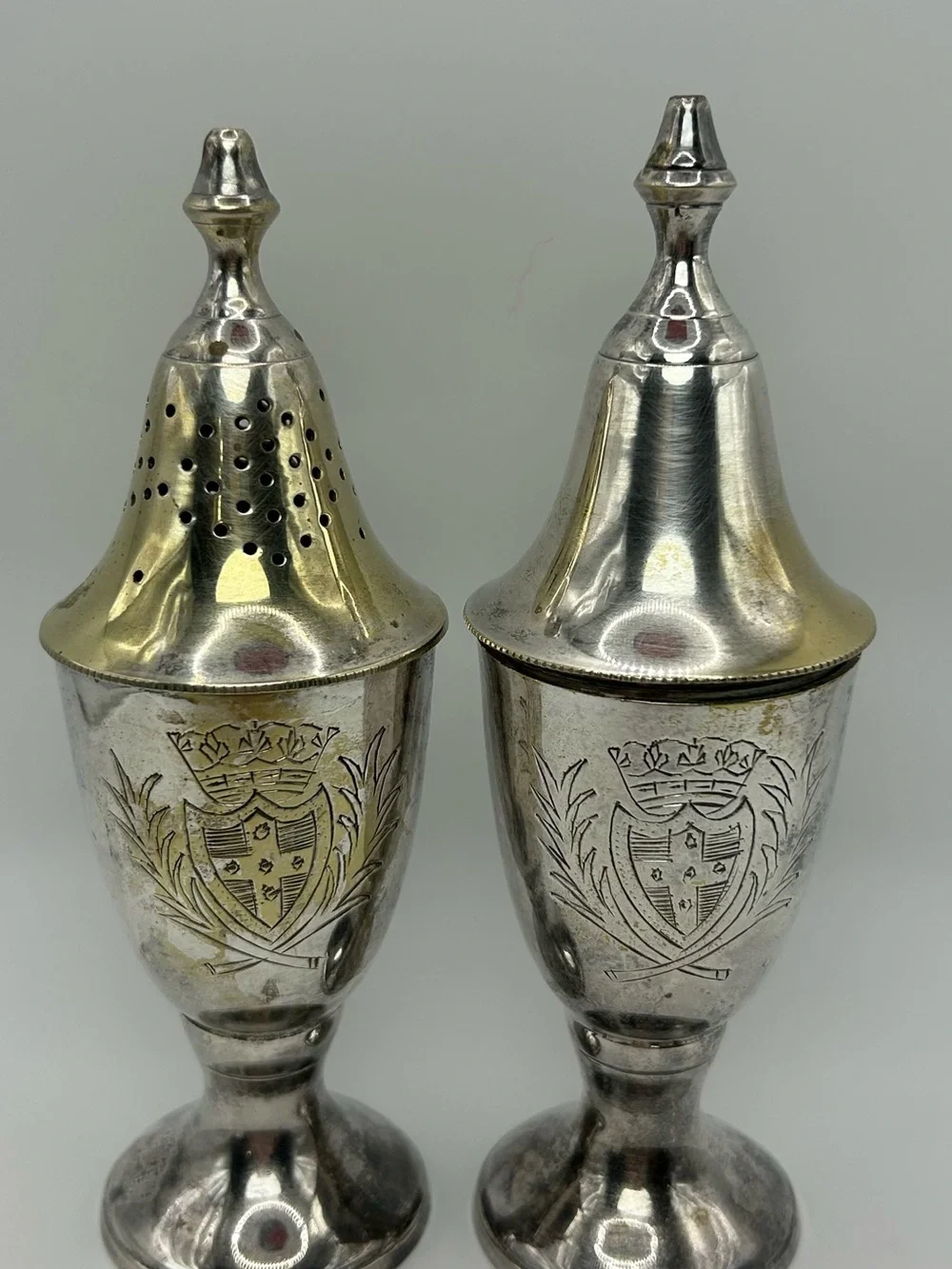 Antique French Napoleon III Salt Pepper Shakers Coat of Arms Heraldry Silver